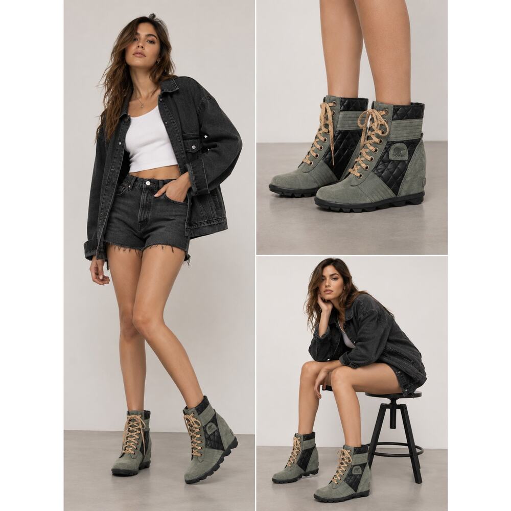 Sorel Lexie Wedge Waterproof Leather Bootie Olive Green Quilted Women's Size 8.5